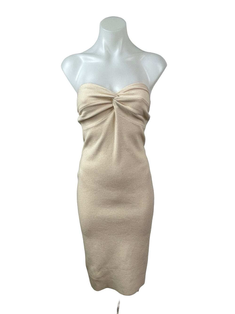 NEW Lillusory Beige Knit Twist Front Strapless Tube Bandeau Midi Bodycon Dress S
